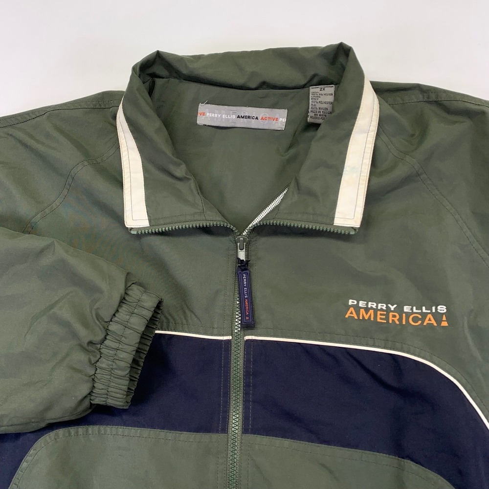 Vintage Perry Ellis America Jacket 2X Mens Green Zipup Winbreaker‎ Bomber 90s